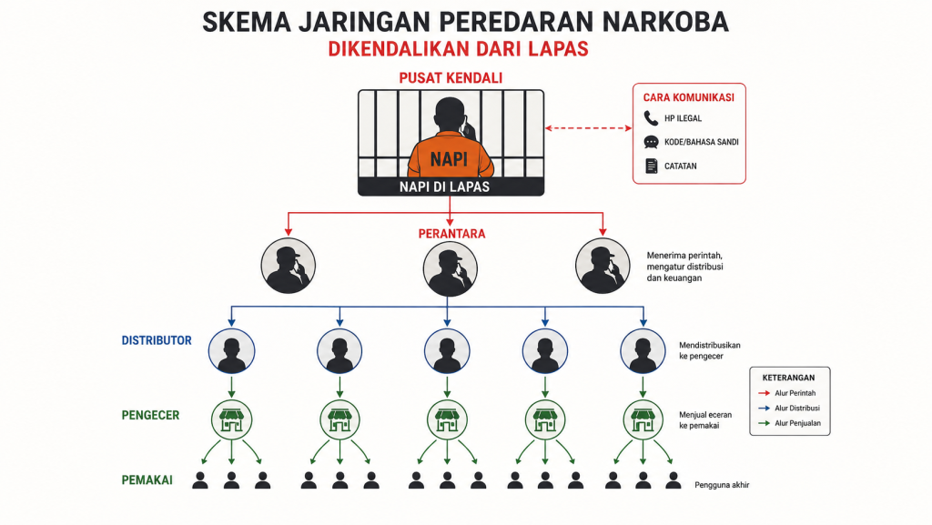 Ilustrasi skema bagaimana jaringan narkoba yang dikendalikan dari napi di lapan. Skema dibuat oleh AI.