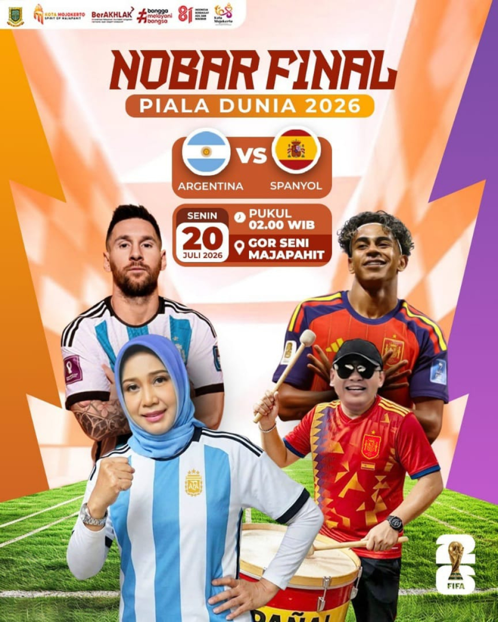 Wali Kota Ning Ita dan Wakil Wali Kota Cak Sandi mengundang seluruh masyarakat Nobar Final Piala Dunia 2026 GOR Seni Majapahit pada Senin (20/7/2026) mulai pukul 02.00 WIB. DUTA/YUSUF W