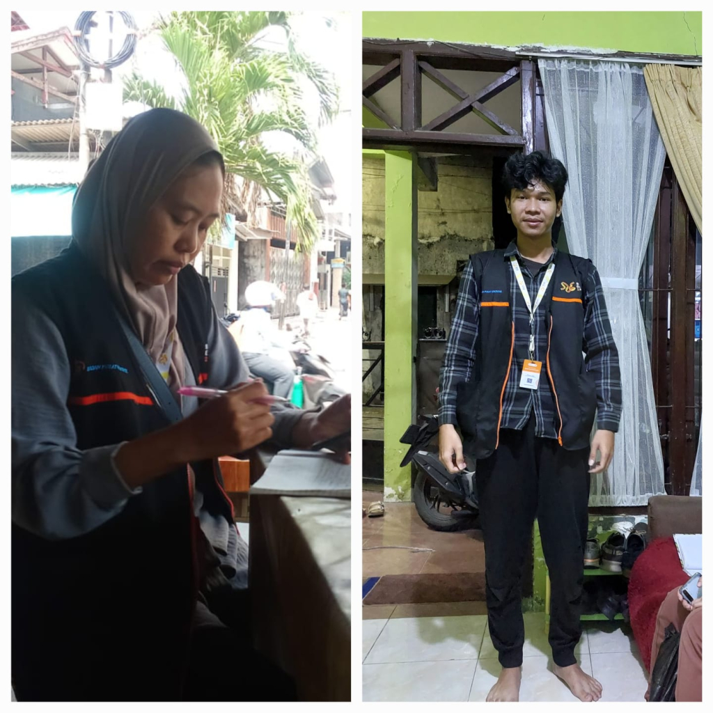 MENDATA : Petugas SE2026 sedang mencatat data terbaru saat berkunjung ke rumah dan lapak usaha di kawasan Babatan, Wiyung Kota Surabaya. (dok/harianduta.id)