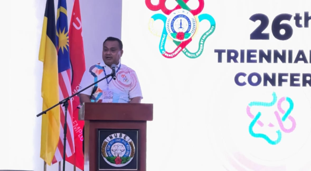 William Yani Wea, Ketua Umum F SP IMPPI KSPSI, memberi sambutan dalam 26th Triennial Delegates Conference (TDC) 2026 dan 68th di Port Dickson, Malaysia.